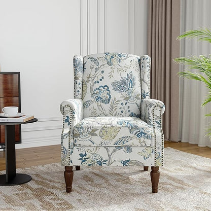 Floral Wingback Accent Chair, High Back Upholstered Armchair, Comfy Fabric Wingback Arms Chairs with Retro Solid Wood Legs, Single Sofa Reading Chair for Bedroom Living Room, Plants Blue
