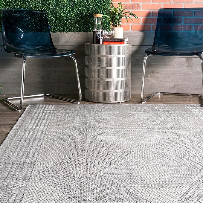 nuLOOM 2' x 8' Outdoor Tribal Geometric Area Rug, Stain Resistant, Weather Resistant, High Traffic, Patio, Balcony, Outside, Ranya Light Grey