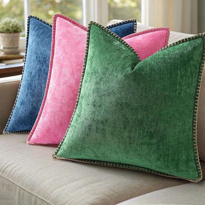 decorUhome Christmas Chenille Soft Throw Pillow Covers 16x16 Set of 2, Farmhouse Velvet Neutral Decorative Euro Pillow Covers with Stitched Edge for Couch Sofa Bed Home Decor, Green