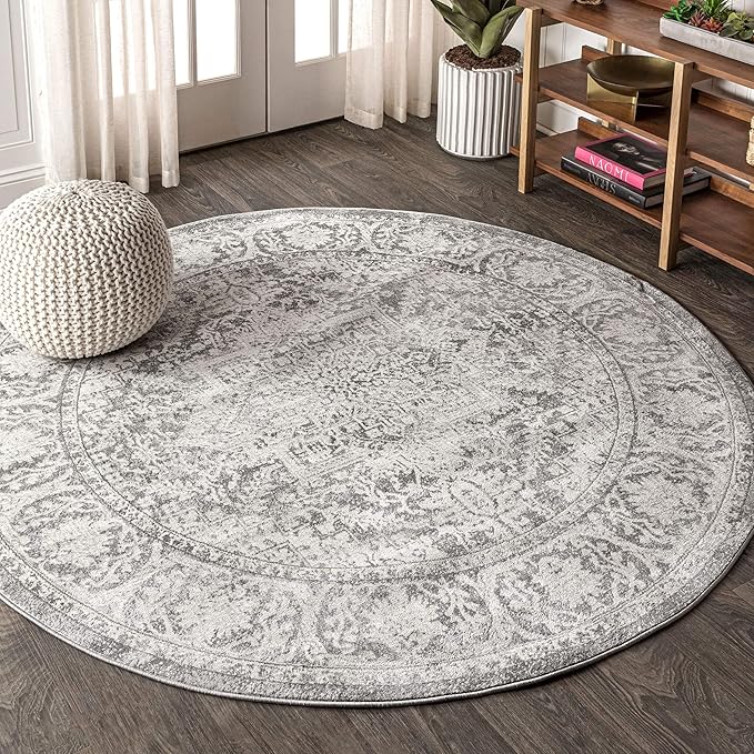 JONATHAN Y Modern Vintage Medallion Light Gray 6' Round Indoor Area Rug, Country, Floral, Easy-Cleaning for Living Room, Bedroom, Kitchen, Pet Friendly, Non-Shedding (MDP100A-6R)