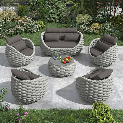 Cushioned Outdoor Patio Furniture Set: 6 Pieces Aluminum Porch Conversation Sofa Set - Modern Hand Woven Rope Deck Couch Set - No Assembly All Weather for 661lbs Yard Garden Poolside Hotel, Gray