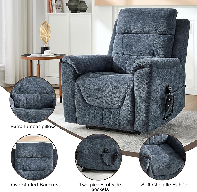 Power Lift Recliner Chair for Elderly People, Dual Motor Lay Flat Recliner with Vibration Massage and Heat, Heavy Duty Motion Mechanism Standing Assistance Reclining Chair, Chenille Fabric Blue