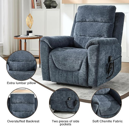 Power Lift Recliner Chair for Elderly People, Dual Motor Lay Flat Recliner with Vibration Massage and Heat, Heavy Duty Motion Mechanism Standing Assistance Reclining Chair, Chenille Fabric Blue