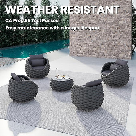 Front Porch Furniture 5 Piece Set: Aluminum Woven Rope Patio Conversation Sofa Set - Assembled Accent Chair Cushioned - Outdoor Armchair Couch Set for 400 lbs Deck Backyard Poolside Garden Hotel