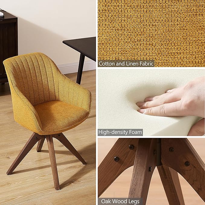 Zouron Mid Century Modern Accent Chair with Wooden Legs, Upholstered Swivel Chair No Wheels, Side Accent Armchair Vanity Chair for Small Space Home Office Living Room Bedroom, Yellow