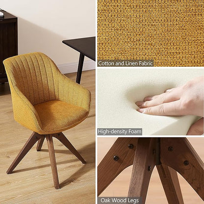 Zouron Mid Century Modern Accent Chair with Wooden Legs, Upholstered Swivel Chair No Wheels, Side Accent Armchair Vanity Chair for Small Space Home Office Living Room Bedroom, Yellow