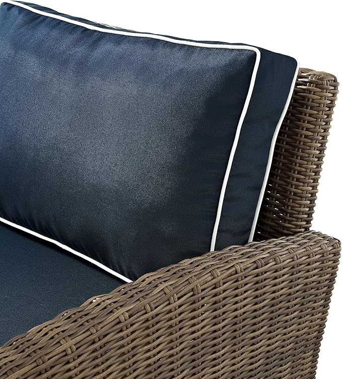 Crosley Furniture Bradenton 3-Piece Outdoor Sofa Patio Furniture Set, Wicker Conversation Sets for Porch, Brown with Navy Cushions