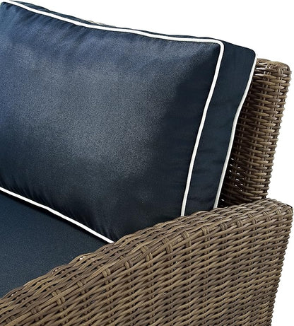 Crosley Furniture Bradenton 3-Piece Outdoor Sofa Patio Furniture Set, Wicker Conversation Sets for Porch, Brown with Navy Cushions