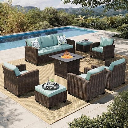 HERA'S HOUSE Wicker Patio Furniture Set with Fire Pit, 8 Pieces Outdoor Sectional Conversation Sets, Deep Seating Sofa for Lawn Deck Garden, Blue