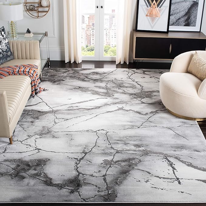SAFAVIEH Craft Collection Area Rug - 4' Square, Grey & Silver, Modern Abstract Design, Non-Shedding & Easy Care, Ideal for High Traffic Areas in Living Room, Bedroom (CFT877G)