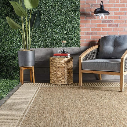 nuLOOM 6' 7" x 9' Outdoor Area Rug, Casual Design With Striped Border, Stain Resistant, Highly Durable, For Patio, Balcony, Bedroom, Living Room, Dining Room, Bathroom, Light Brown