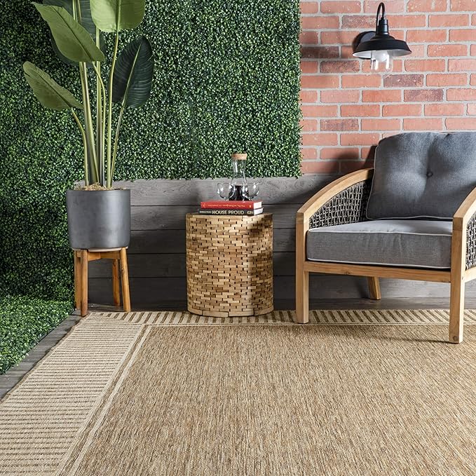 nuLOOM 5' x 8' Outdoor Area Rug, Casual Design With Striped Border, Stain Resistant, Highly Durable, For Patio, Balcony, Bedroom, Living Room, Dining Room, Bathroom, Light Brown