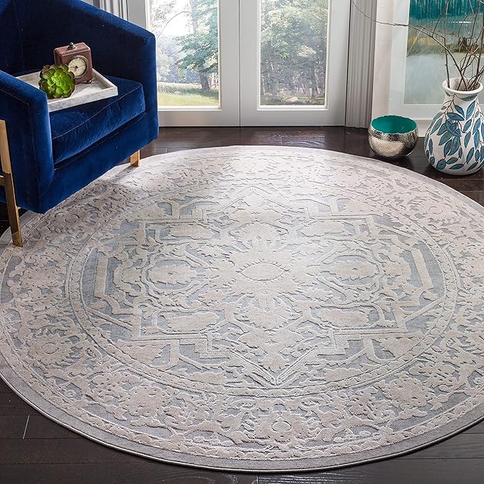 SAFAVIEH Reflection Collection Area Rug - 6'7" Round, Light Grey & Cream, Non-Shedding & Easy Cleaning, Ideal for Living Room, Bedroom (RFT665C)