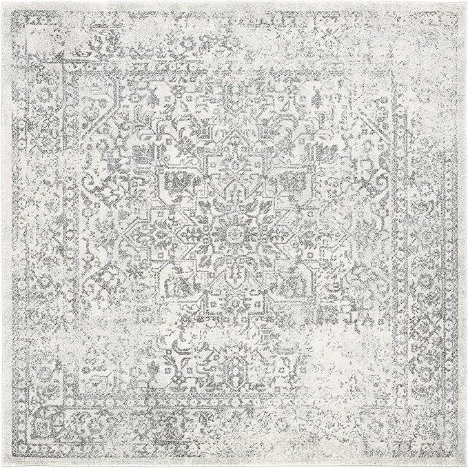 SAFAVIEH Evoke Collection Area Rug - 5'3" Square, Ivory & Grey, Distressed Design, Non-Shedding & Easy to Clean, Ideal for Living Room, Bedroom, Dining Space (EVK256F)