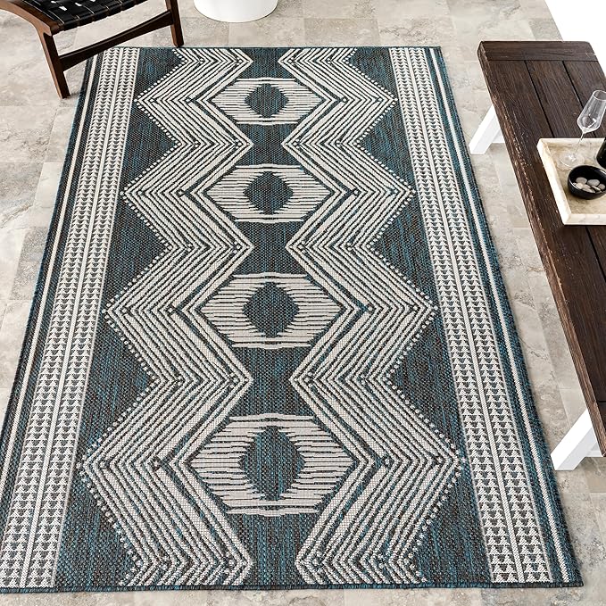 nuLOOM 4' x 6' Outdoor Tribal Geometric Area Rug, Stain Resistant, Weather Resistant, High Traffic, Patio, Balcony, Outside, Ranya Turquoise