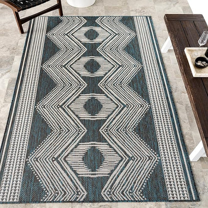 nuLOOM 5' x 8' Outdoor Tribal Geometric Area Rug, Stain Resistant, Weather Resistant, High Traffic, Patio, Balcony, Outside, Ranya Turquoise