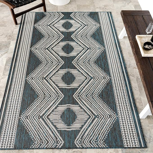 nuLOOM 5' x 8' Outdoor Tribal Geometric Area Rug, Stain Resistant, Weather Resistant, High Traffic, Patio, Balcony, Outside, Ranya Turquoise