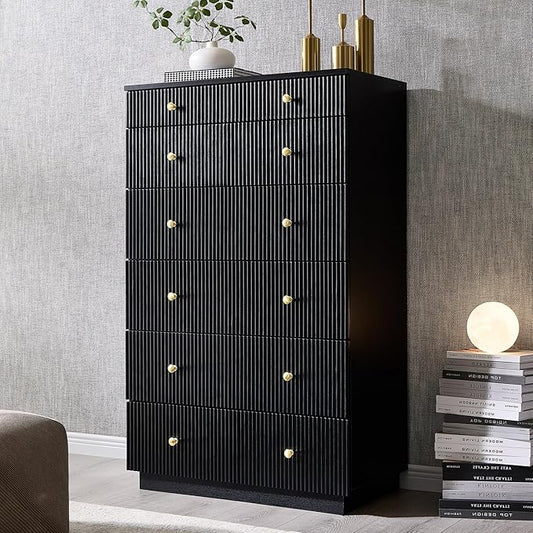 Fluted 7 Drawer Dresser for Bedroom, 48" Tall Black 7 Drawer & Chests of Drawers, Wood Modern Chest of Drawers with Deep Storage for Bedroom, Closet Hallway, Entryway, Living Room, Black