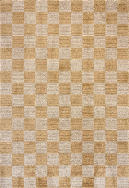 Loloi Chris Loves Julia Calvin Collection CLV-01 Apricot/Ivory 2'-7" x 7'-6" Runner Rug Checkered Neutral Soft Living Room Bedroom Carpet