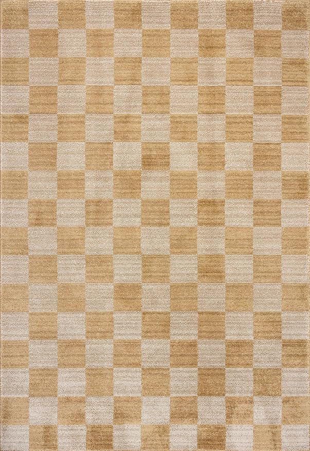 Loloi Chris Loves Julia Calvin Collection CLV-01 Apricot/Ivory 5'-3" x 7'-6" Area Rug Checkered Neutral Soft Living Room Bedroom Carpet