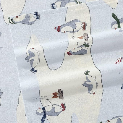 Eddie Bauer - Flannel Sheets Kingsize, Anti-Pilling & Wrinkle Resistant Cotton, Touchably Soft for All-Season Comfort - Bed Sheets with Matching Pillowcase & Fitted Sheet (Skating Penguin)