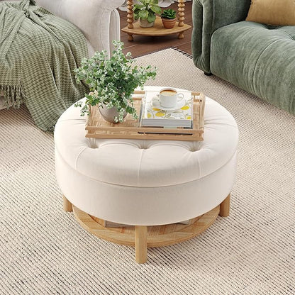 Vabches 31 Inch Round Storage Ottoman, Upholstered Velvet Tufted Foot Rest with Lift-Off Lid, Coffee Table with Commodity Shelf for Living Room, Beige