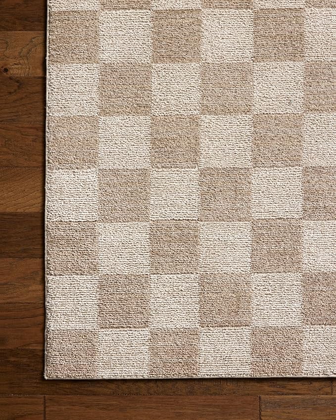 Loloi Chris Loves Julia Calvin Collection CLV-01 Pebble/Ivory 2'-7" x 10'-0" Runner Rug Checkered Neutral Soft Living Room Bedroom Carpet