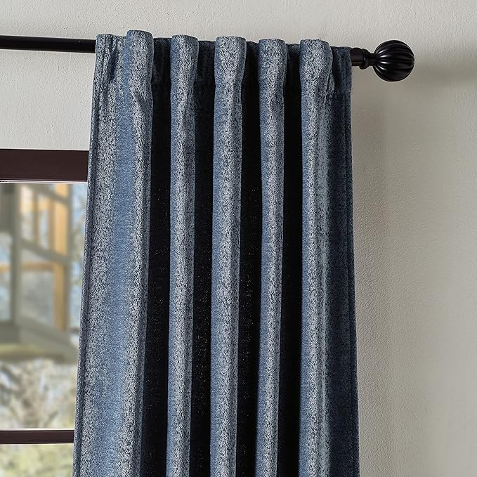 Martha Stewart Naples Chenille Solid Back Tab Window Curtain Panel Pair, 95, Navy
