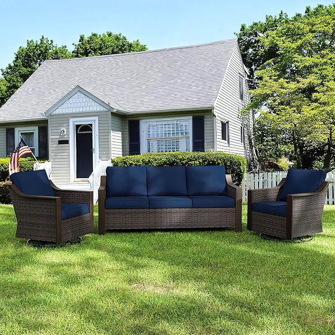 3 Pieces Outdoor Patio Conversation Furniture Set - 75" 3-Seat Sofa | 2 Swivel Glider Rocker Chairs | Wicker End Table, Rattan Couch, Metal armrests, Deck (Navy Blue)