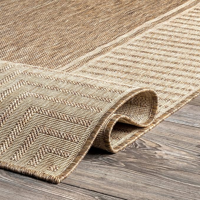 nuLOOM 4' x 6' Outdoor Area Rug, Casual Design With Striped Border, Stain Resistant, Highly Durable, For Patio, Balcony, Bedroom, Living Room, Dining Room, Bathroom, Light Brown