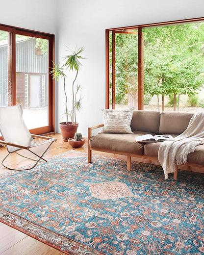 Loloi Layla Collection LAY-10 Marine/Clay 2'-3" x 3'-9" .13" Thick Accent Rug, Soft, Durable, Vintage Inspired, Distressed, Low Pile, Non-Shedding, Easy Clean, Printed, Living Room Rug