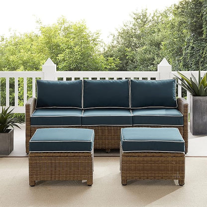 Crosley Furniture Bradenton 3-Piece Outdoor Sofa Patio Furniture Set, Wicker Conversation Sets for Porch, Brown with Navy Cushions